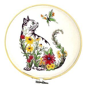 Cat Floral Butterfly Wall Art Embroidery Hoop Wood Frame 9.5" Handmade New